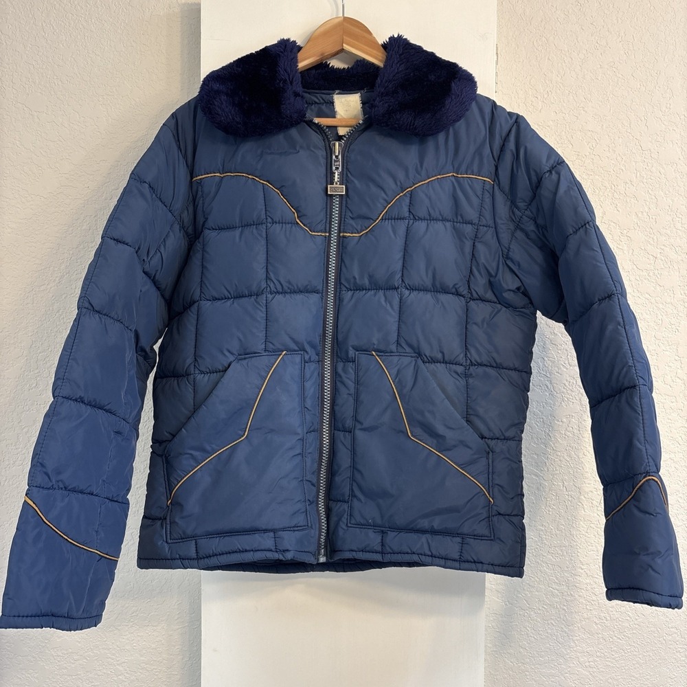 Vintage Walls Western Wear Puffer Men's Navy Tan Trim Medium Jacket Yellowstone